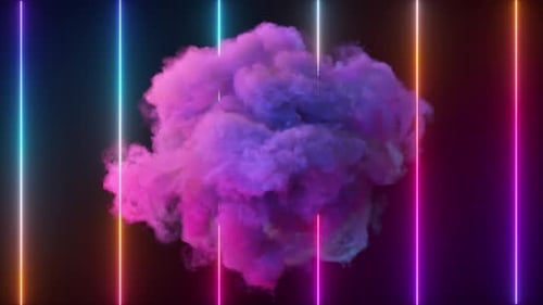 A Bright Mystical Cloud Rotates Against the Background of Neon Vertical Lines Smoke Fantastic Design