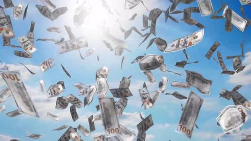 Fliegende Dollarscheine in einem hellen Himmel