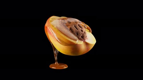 Rotação em loop de meio pêssego com um caroço coberto de mel. Canal Alfa.