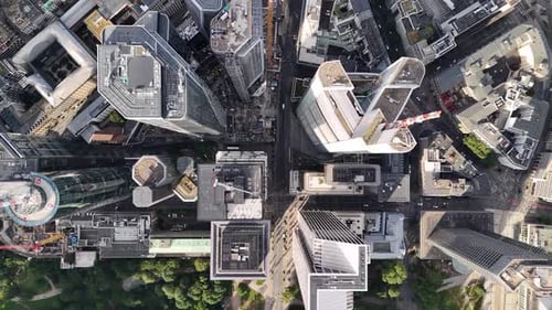 Top-down aerial shot of Frankfurt banking district, Germany