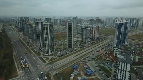 Construction site of a new city block. Construction of multi-storey buildings.