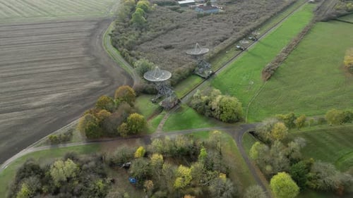 Aerial View of Radio Telescopes in Rural Setting