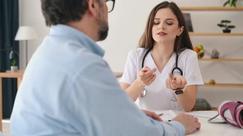 Having a consultation. Mature man is visiting female doctor in the clinic