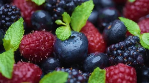 Macro shot of berry mix with green leaves covered in water drops.