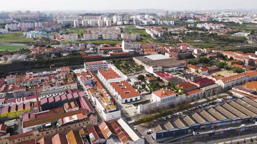 Aerial view of city buildings and rooftops, Portugal.