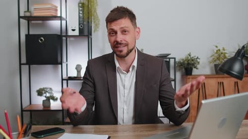 Businessman Working on Laptop at Office Talk on Online Communication Video Call with Employee Boss