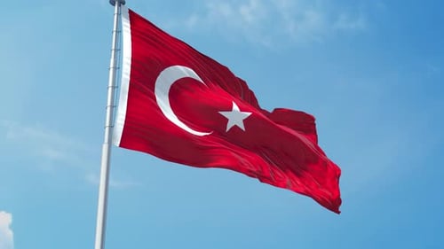 Turkish Flag Waving in Realistic Animation Against Blue Sky