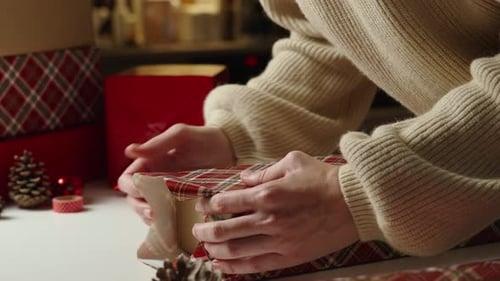 Hands Wrapping Christmas Gift with Plaid Paper
