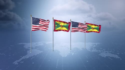 Flaggen der USA und Grenadas auf Masten mit Weltkarten-Hintergrund