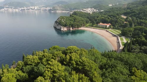 Beautiful Milocer beach. Summer. Montenegro. Drone. Adriatic sea.