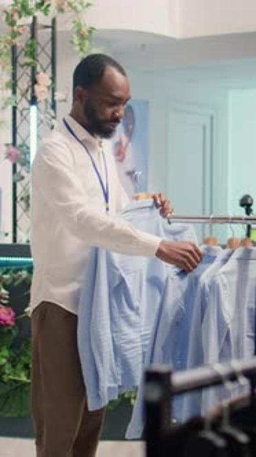 Vertical Video Man Restocks Luxurious Clothing Store