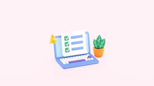 Ordenador portátil con lista de verificación, animación de renderizado 3D. Lista de tareas pendientes y proyecto de planificación empresarial