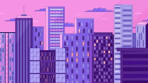 Animación de dibujos animados de rascacielos crepuscular