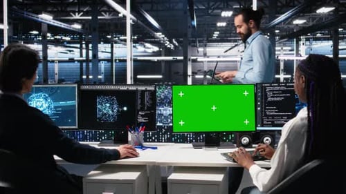 Data Center Engineers Managing AI Systems Using Chroma Key PC