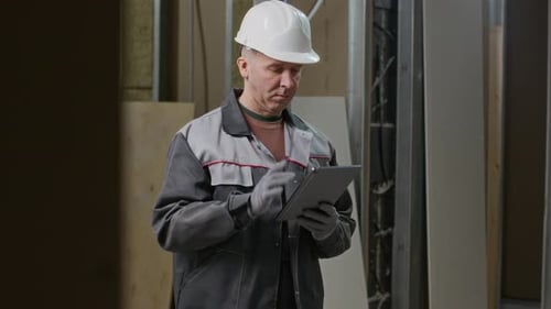 Adult Builder Using Tablet PC at Renovation Workspace