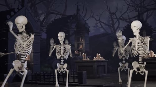Animated Dancing Skeletons In Spooky Graveyard For Halloween