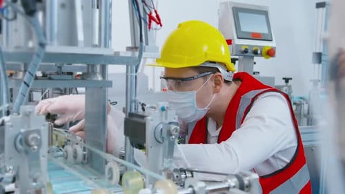 Worker Adjusting Automated Machine in a Bright Factory