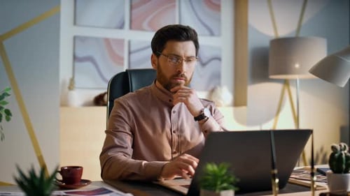 Business Man Working Office Looking on Laptop Close Up Manager Thinking Job