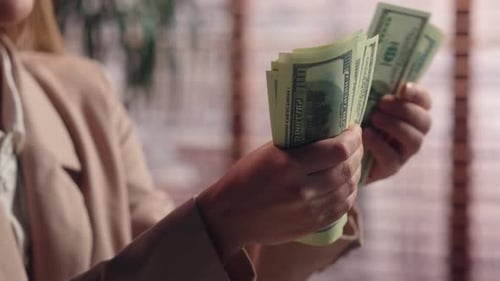 Close Up Female Hands Holding Money Dollars Indoors Unrecognizable Caucasian Business Woman Counting