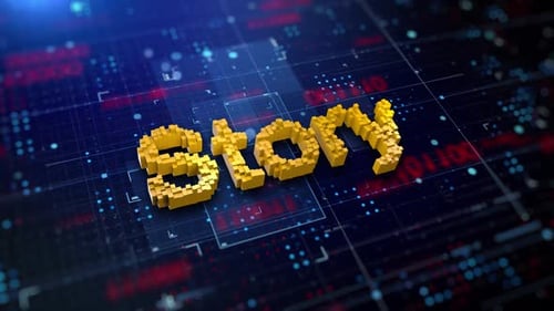 Voxel 3D Text 'Story' on Digital Circuit Board Background