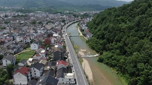 Aerial View of Longmen Old Town in Hangzhou City Zhejiang Province China