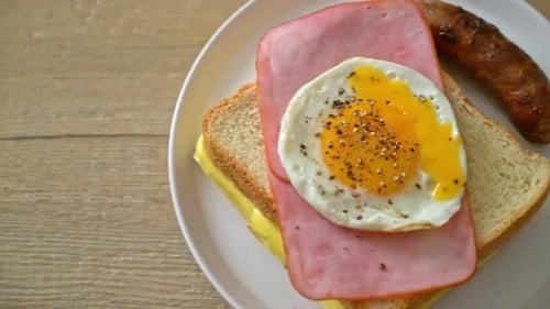 Ham and Egg Sandwich on Plate with Sausage