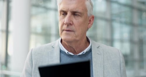Tablet, thinking and senior business man in office for communication, online report