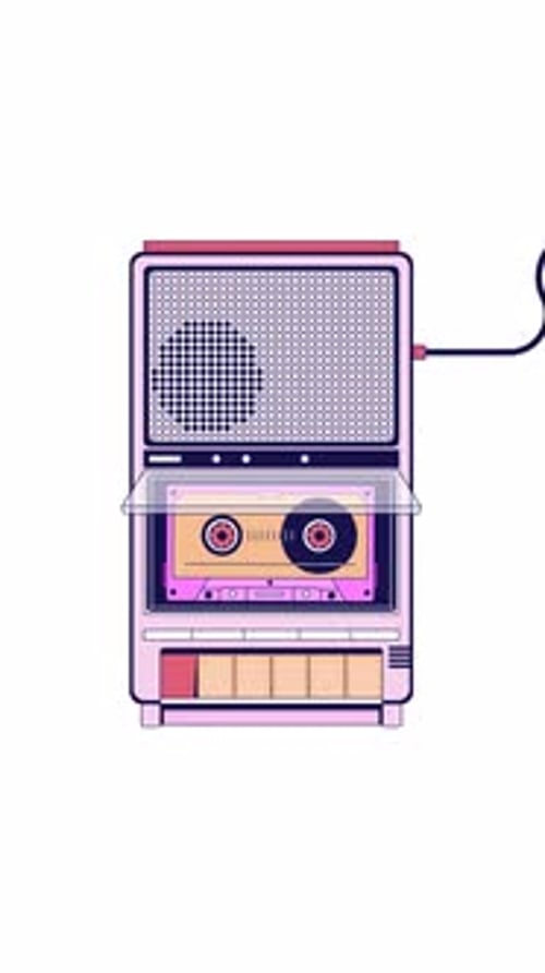 Vintage cassette tape playing inside retro player recorder 2D cartoon vertical animation
