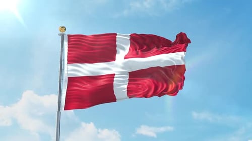 Realistic 3D Danish Flag Waving in Blue Sky