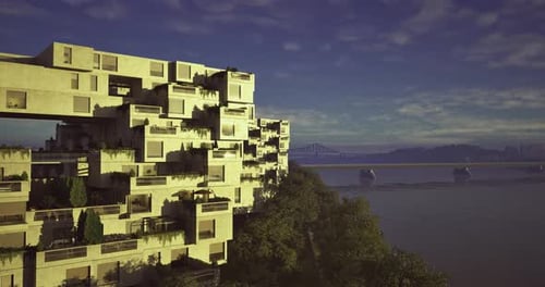 Arquitectura moderna a lo largo de la orilla del río con espacios verdes y vista a la ciudad