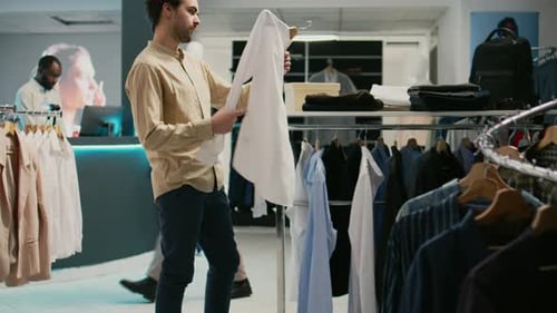 Male Customer Analyzing Fashion Collection in Boutique