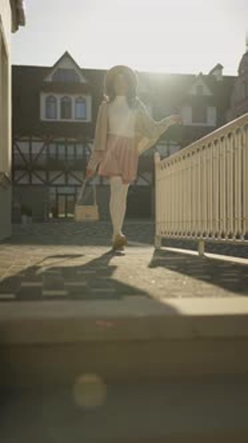 A Young Fashionable Girl in a Stylish Outfit is Walking Down the Street