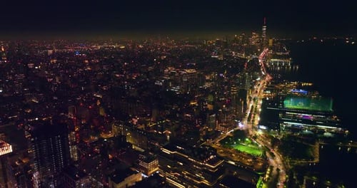 Majestic scenery of amazing New York, USA. Drone footage over the city and fantastic highway