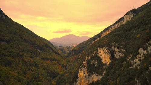 Aerial View of Autumn Mountains Autumn Forest During Sunset