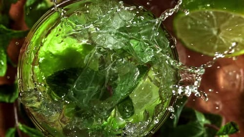 Ice Falls Into a Mojito Cocktail Filmed on a Highspeed Camera at 1000 Fps