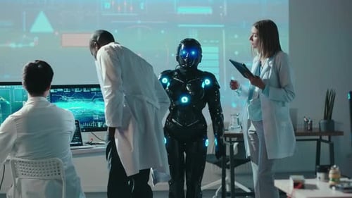 Multiethnic Team of Development Engineers Testing the Humanoid Robot Male and Female Technicians