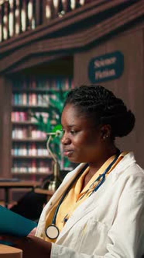 Medical Professional Reading Charts in Hospital Library