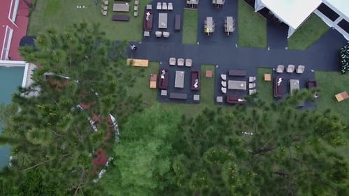 Aerial View of Event Space with Tables and Stage