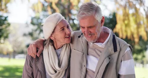 Senior couple, talking and walking in park for bonding together, love relationship and support