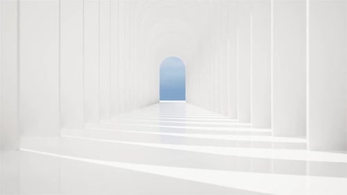 Minimalistischer architektonischer Raum mit weißen Säulen und blauem Himmel