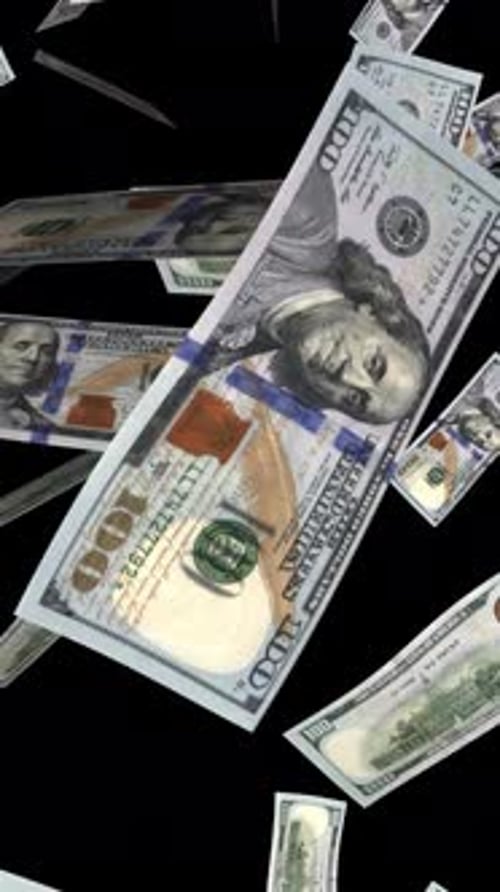 Falling Money Rain Loop - American 100 Dollars Modern Bills - I - Vertical Screen - Alpha Channel