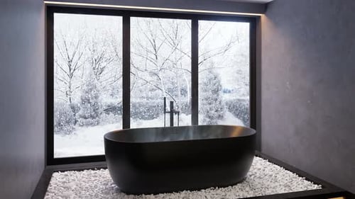 Falling Snow Outside Modern Bathroom Window with Bathtub