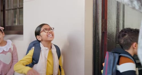 High five, teacher and students walking in school, classroom and excited for education