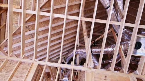 Construction of Roof Structure with Wooden Beams Ductwork in Residential Building