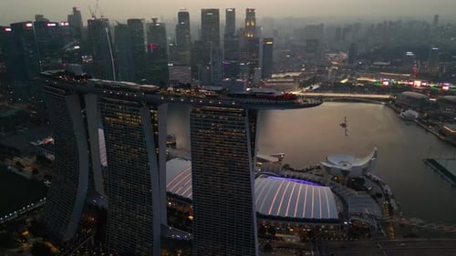 Night drone view of Marina Bay Sands Hotel in Singapore