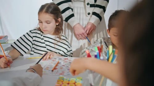 Small Students Drawing Masterpiece at School Closeup Pupils Creating Pictures