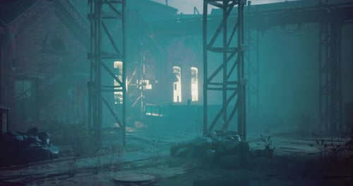 Abandoned Industrial Site Illuminated By Eerie Light in Fog