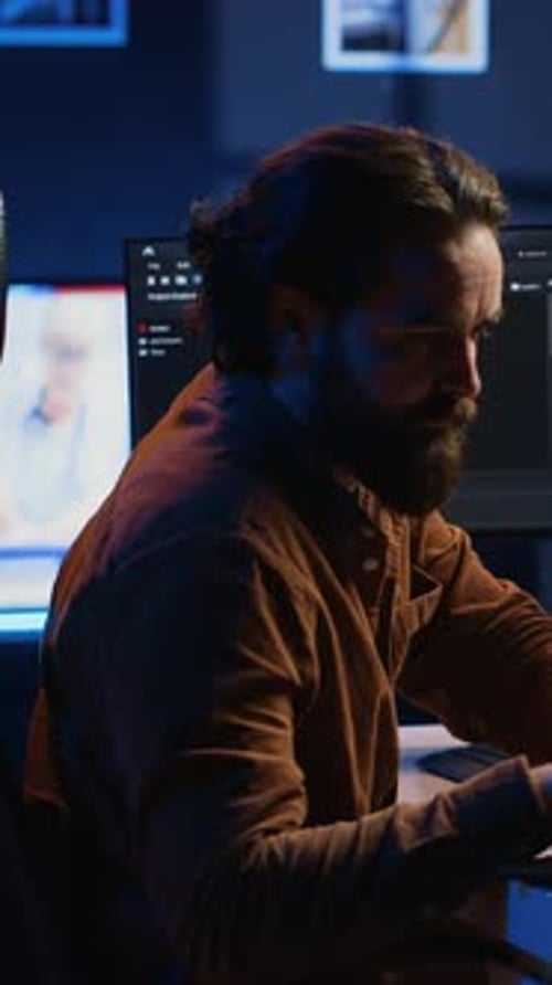Computer Scientist Putting Headphones on While Developing Code on PC