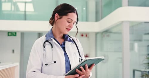 Face, doctor and tablet with woman in hospital for planning, surgery schedule and healthcare