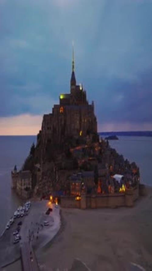 Aerial View of the World Famous Mont Saint Michel Cathedral in Normandy One of France's Most Visited